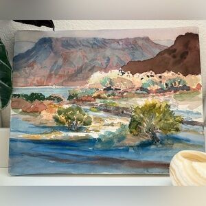 Original Coastal Watercolor in Blue, Green, Brown; Second Painting on the back